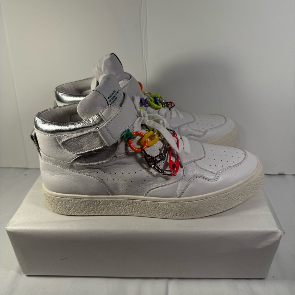 White High-Top Sneakers with Silver Collar and Colorful Charm Chain